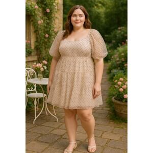 Arula X Swiss Dot Mesh Puff Sleeve Tiered Mini Dress Nude Black Polka Dot XL 14